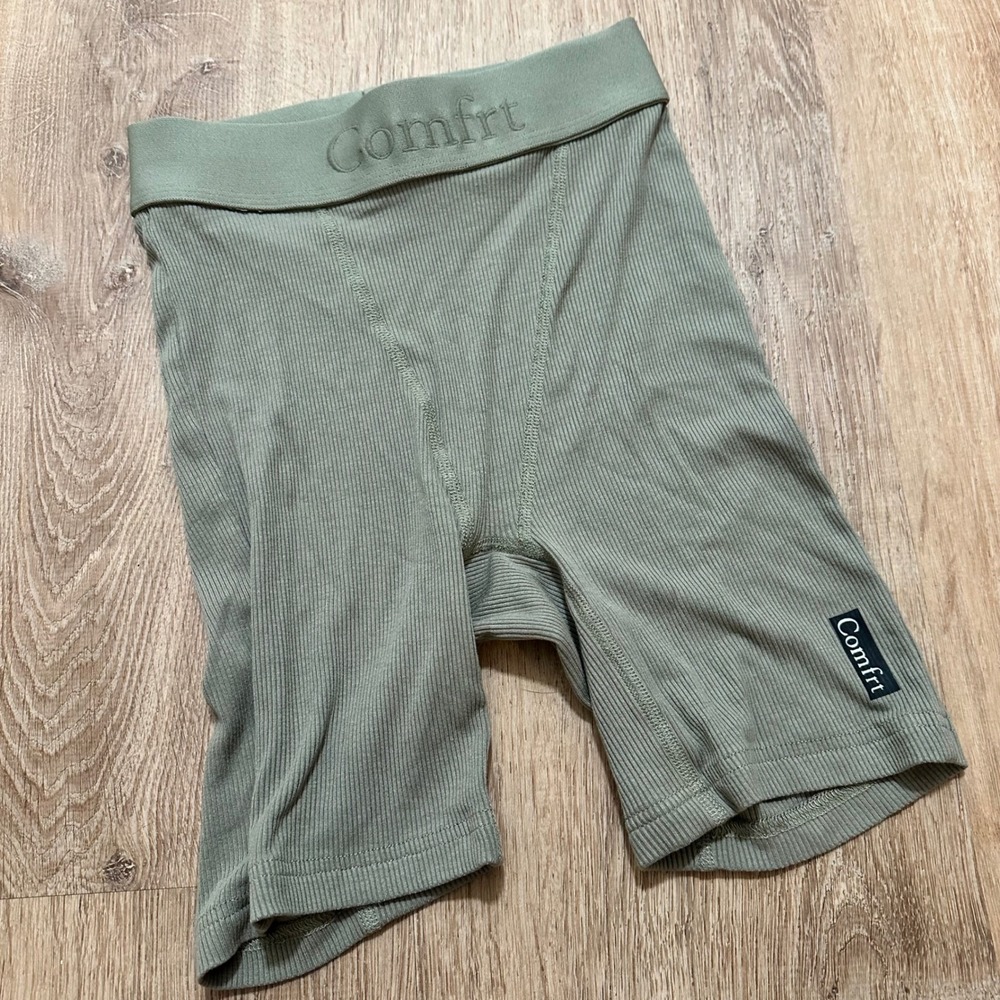 Comfrt | Sage Green Ribbed High Waisted Knit Boxer Briefs Lounge Shorts, XXS